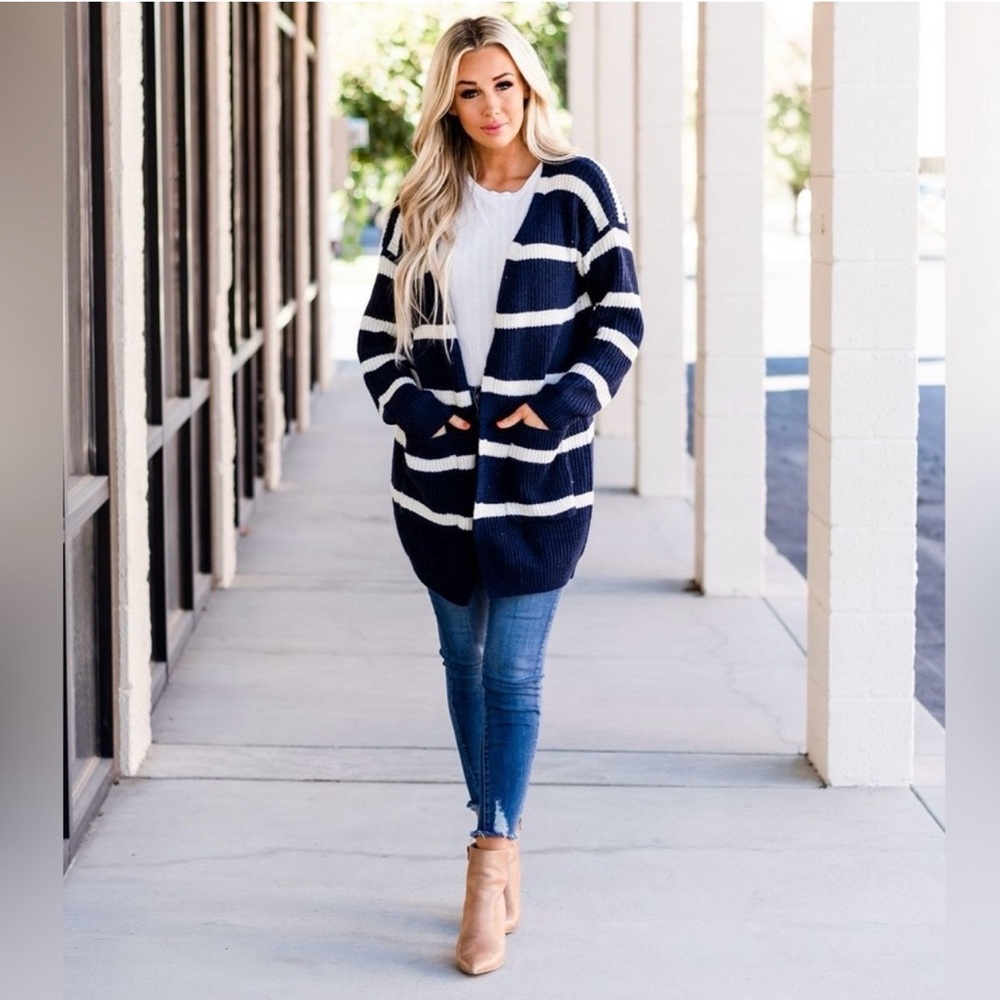 Pink Clover Navy and White Striped Cardigan